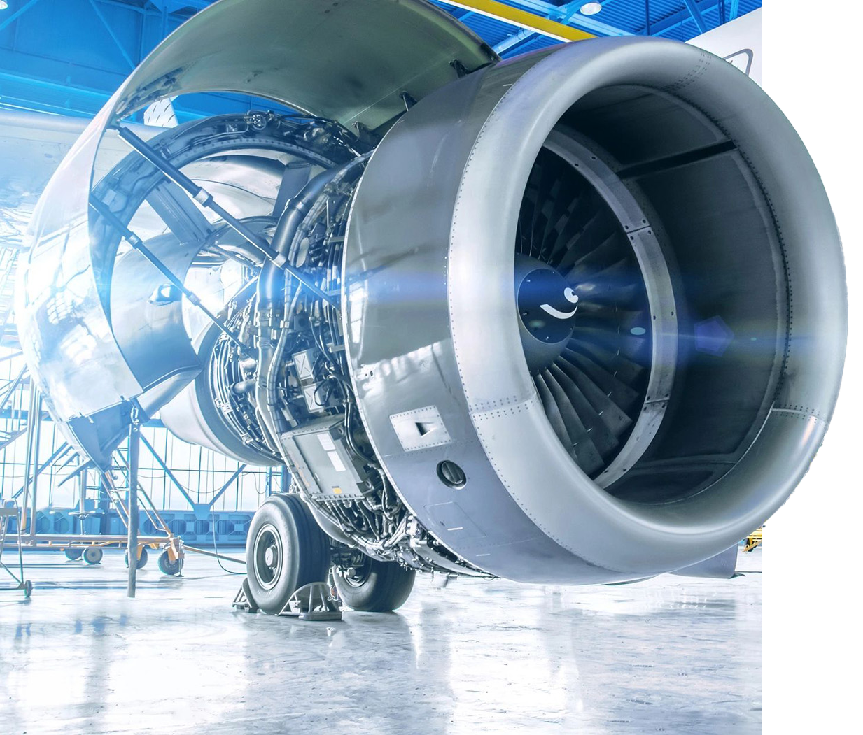 Industrial theme view. Repair and maintenance of aircraft engine on the wing of the aircraft