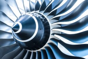 blue tone jet engine blades closeup