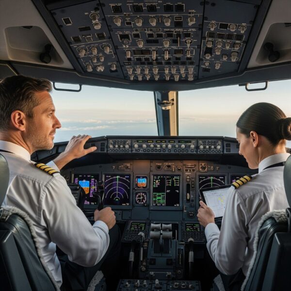 Two pilots in the cockpit of an airplane, calmly and professionally flying the aircraft.