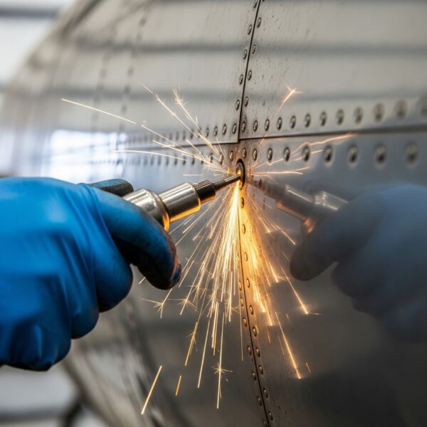 A technician is performing rivet removal on the fuselage of an aircraft.