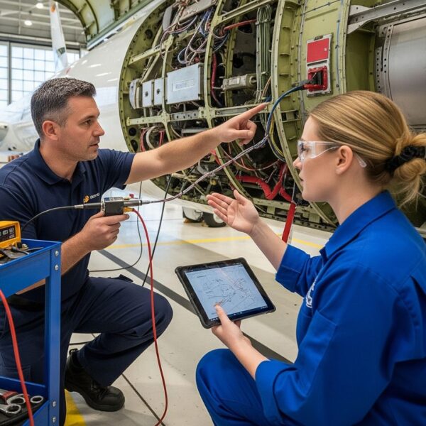 Technicians working on a section of an airplane.