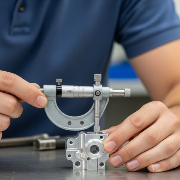 An engineer's hands using a precision micrometer to measure an aircraft component. 