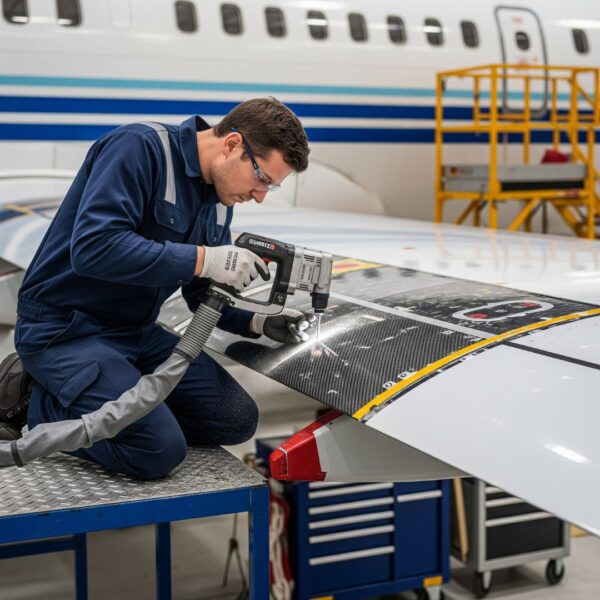 A technician in safety gear precisely drilling a composite panel on an airplane wing. 