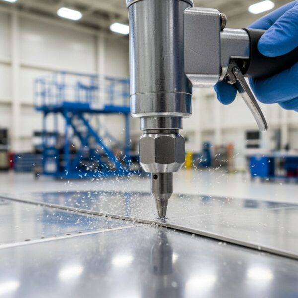 A pneumatic rivet gun with an extended nose piece securely fastens two pieces of aluminum together.