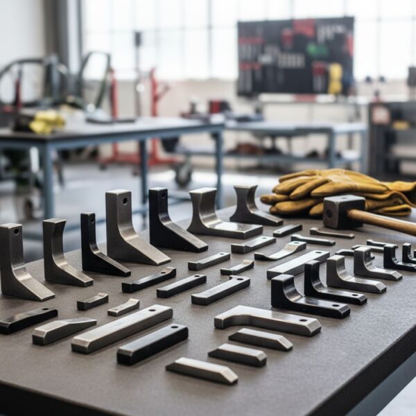 A diverse collection of polished steel bucking bars of various shapes and sizes are arranged on a wooden workbench.