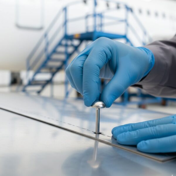 A person's gloved hands carefully insert a small, cylindrical metal rivet into a pre-drilled hole in an aluminum panel.