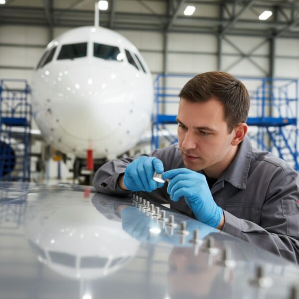 A quality control inspector meticulously examines a row of newly installed aircraft rivets on a metal surface.