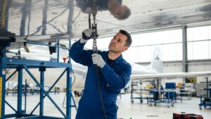An aircraft technician in a hangar uses a specialized tool to work on the metal skin of an airplane wing.