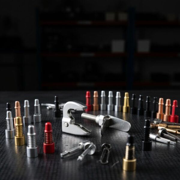 Collection of specialized temporary fasteners, including side-grip and wing-nut style Clecos, for aerospace work.