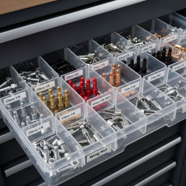 Color-coded temporary rivet fasteners neatly organized and stored in compartments of a professional tool drawer.