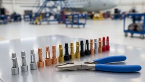Assortment of color-coded Cleco temporary fasteners and Cleco pliers resting on an aluminum sheet metal surface.