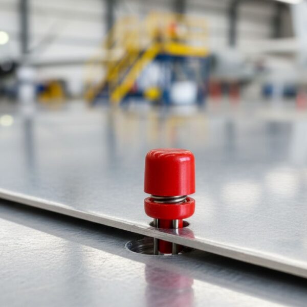 Close-up of a standard spring-loaded Cleco pin securely holding two layers of sheet metal together.