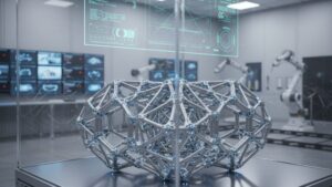 An intricate metallic lattice structure, representing a futuristic aircraft part, is displayed in a bright research facility.