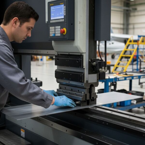 Technician setting up precision sheet metal bender