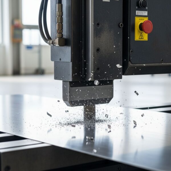 High-speed shot of a durable sheet metal shear cutting