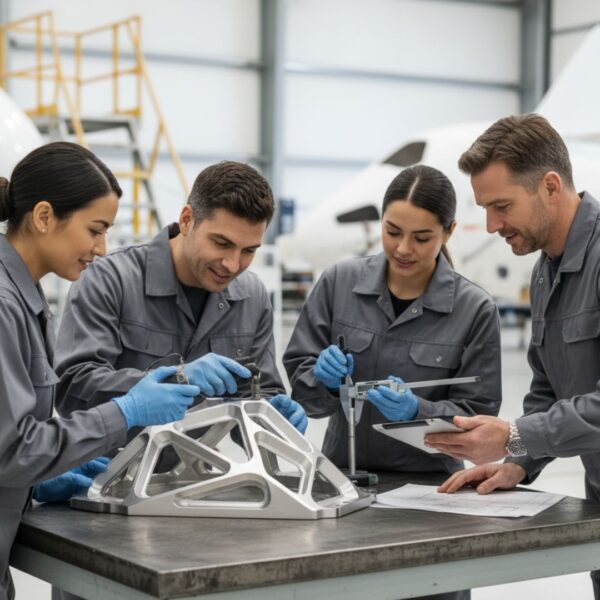 Diverse team collaborating on final component quality