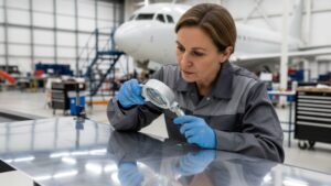 A manufacturing specialist wearing safety glasses examines the smooth edge of a large aluminum panel.