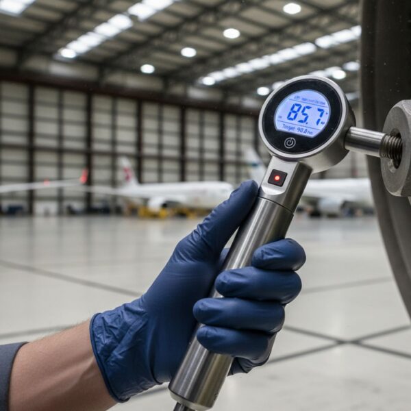 Close-up of a hand using a metallic torque wrench with an integrated digital sensor for precision maintenance.