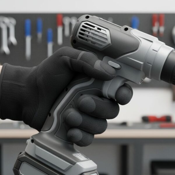 Hand gripping an ergonomic, lightweight power tool, highlighting the comfortable, vibration-dampening design features.