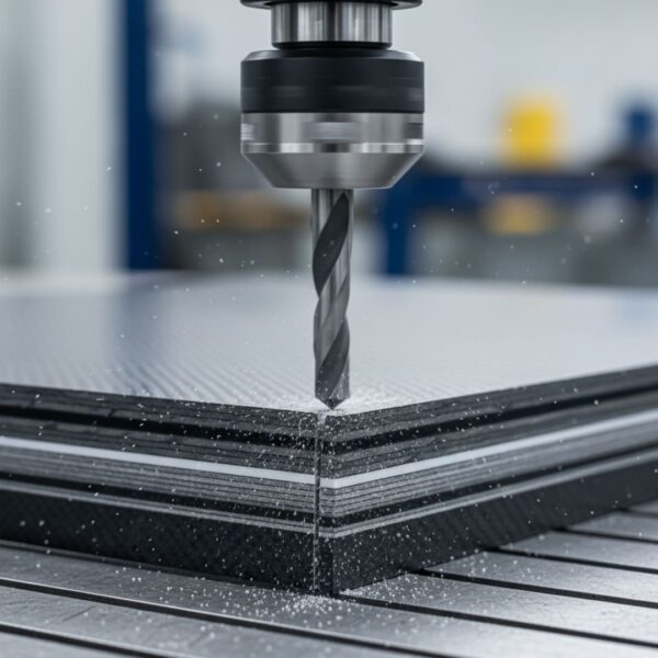 Specialized precision tool making a clean cut into a dark, layered composite material panel for aircraft repair.
