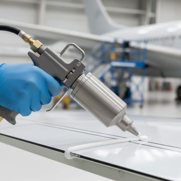 Hand using a modern, efficient sealant gun to apply aerospace-grade material without waste.