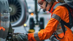 Woman working on piece of an aircraft wing