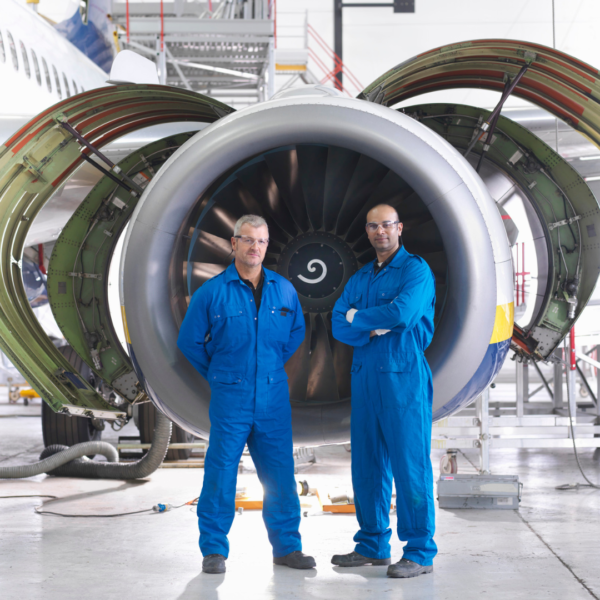 Two engineers standing in front of their work
