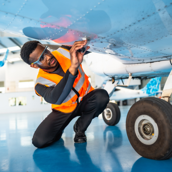 Checking rivets under an airplane