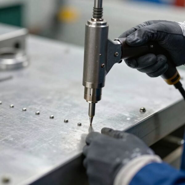 A professional aircraft rivet tool being used for precise fastener installation.