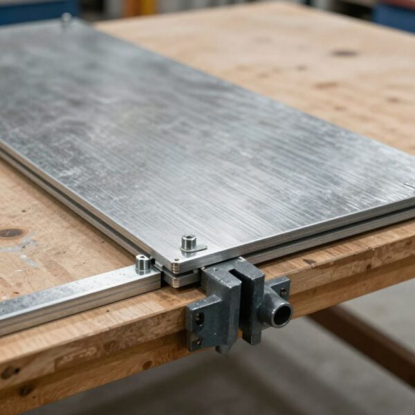 Securely fastened metal sheets on a workbench highlighting shop floor safety.