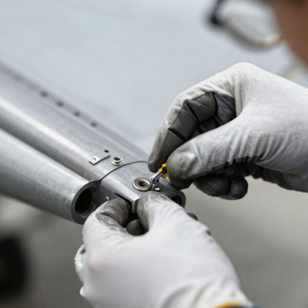 A split-focus shot showing a temporary fastener being removed and a permanent rivet being installed adjacent to it, illustrating a smooth transition in the manufacturing process. Clean, industrial aesthetic. No text.