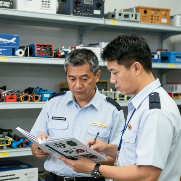 Two aviation maintenance experts discussing equipment selection in a professional aircraft tool supply environment.