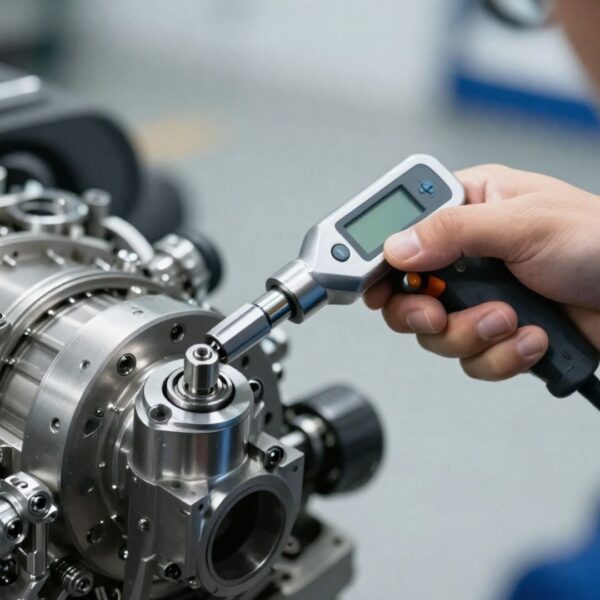 Close-up of a precision aircraft tool being used on an engine component to ensure safety and compliance.